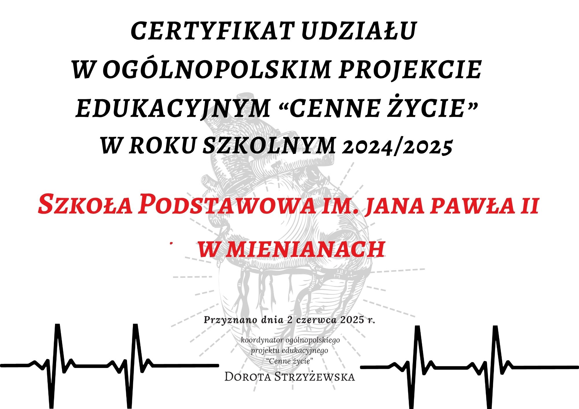  Certyfikat MB udziału w Ogólnopolskim projekcie edukacyjnym “cenne życie”